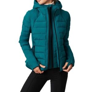 Bernardo Performance Puffer Jacket Women L Teal EcoPlume Hooded Quilted Gorpcore